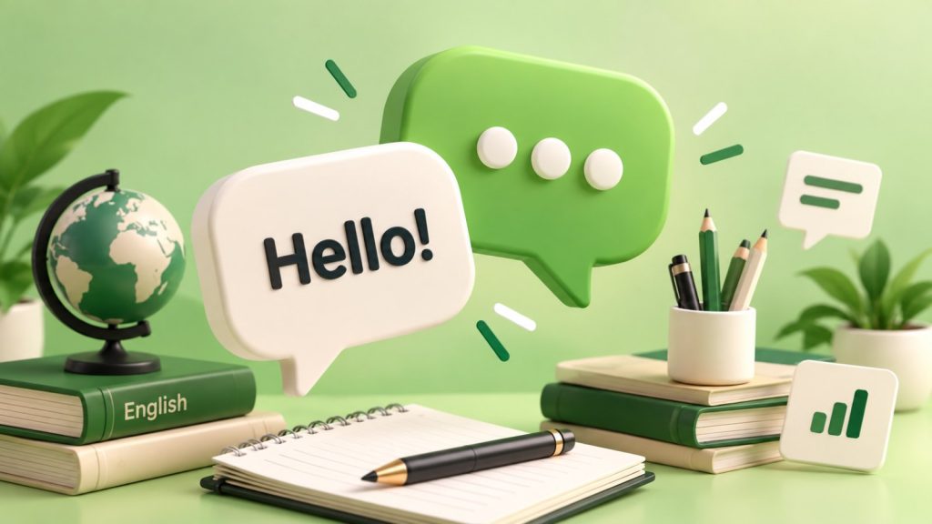 حباب گفتوگو با نوشتهٔ Hello کنار کتاب English، کره و دفتر یادداشت